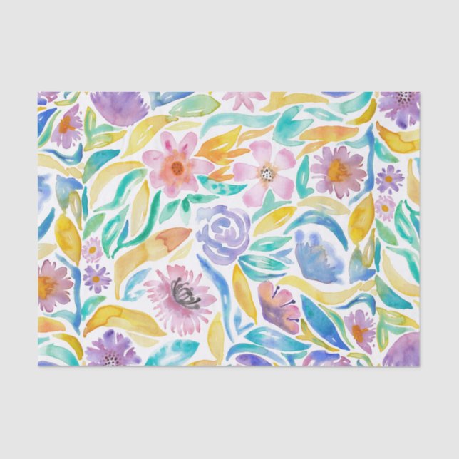 Yellow Purple Spring Watercolor Flowers Leaves Tissue Paper (Front)