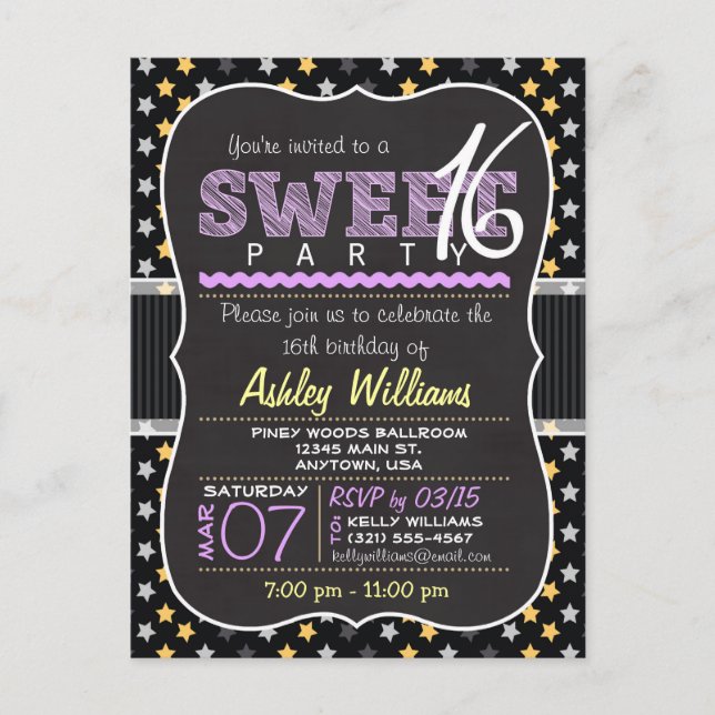 Yellow & Purple Stars Sweet 16 Postcard Invitation (Front)