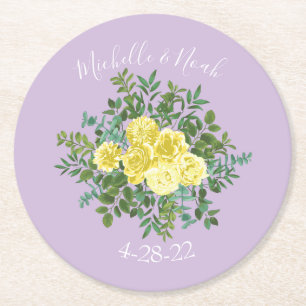Yellow & Purple Vintage Elegant Spring Wedding Round Paper Coaster