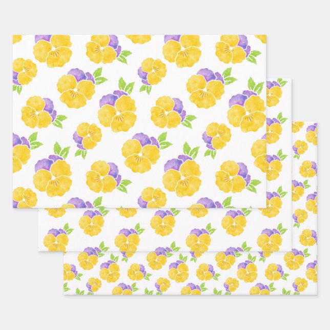 Yellow & Purple Watercolor Pansy Pattern   Wrapping Paper Sheet (Set)