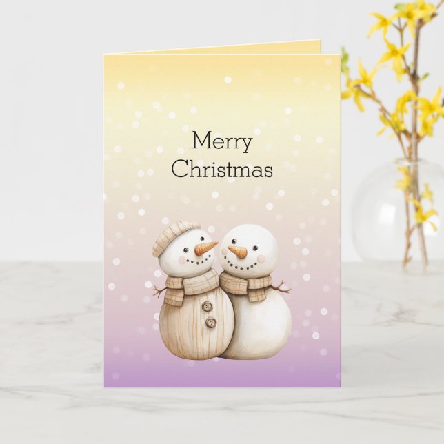 Yellow Purple White Bokeh Dots Snowman Christmas Card (Yellow Flower)