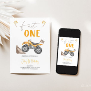 Yellow Quad Bike 'Fast One' Birthday Invitation