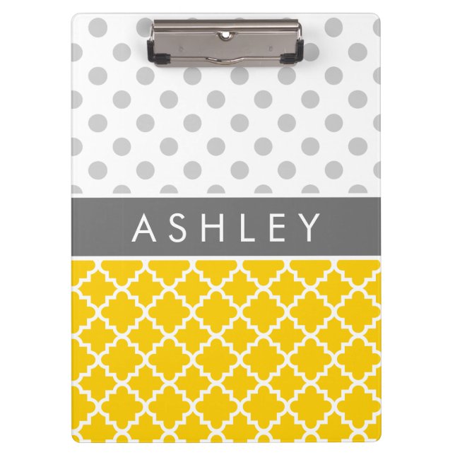 Yellow Quatrefoil and Grey Polka Dot Pattern Clipboard (Front)