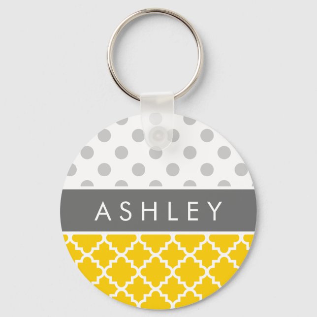 Yellow Quatrefoil and Grey Polka Dot Pattern Key Ring (Front)