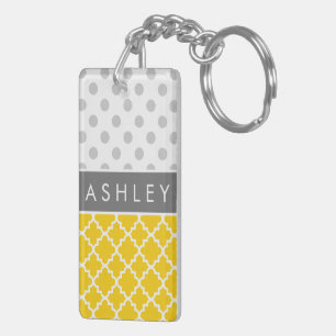 Yellow Quatrefoil and Grey Polka Dot Pattern Key Ring