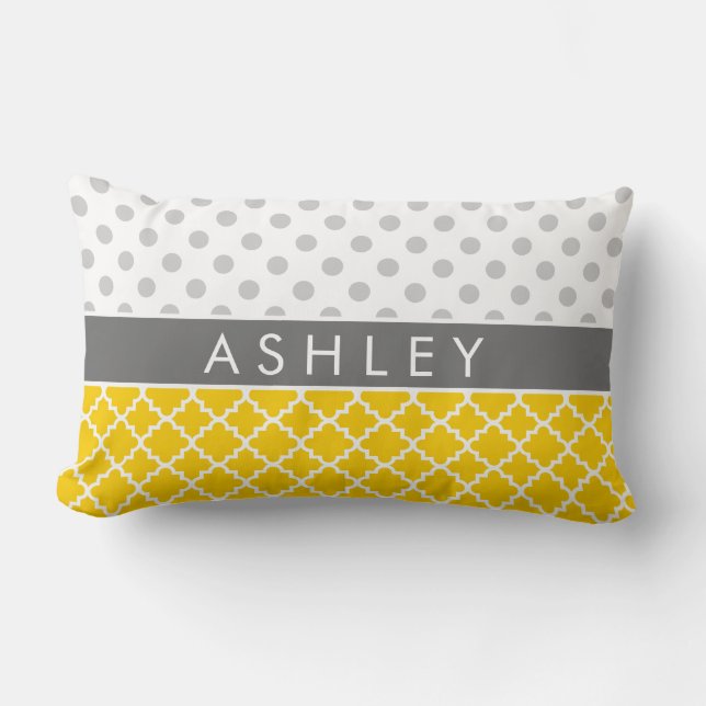 Yellow Quatrefoil and Grey Polka Dot Pattern Lumbar Cushion (Front)