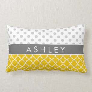 Yellow Quatrefoil and Grey Polka Dot Pattern Lumbar Cushion
