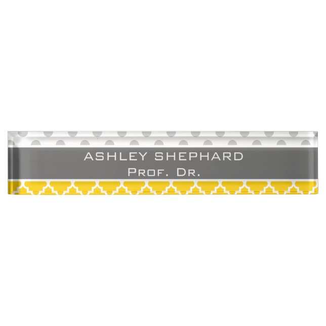Yellow Quatrefoil and Grey Polka Dot Pattern Nameplate (Front)