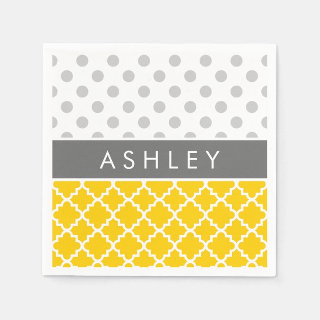 Yellow Quatrefoil and Grey Polka Dot Pattern Napkin (Front)