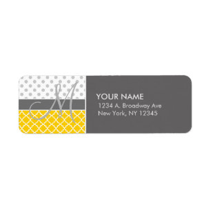 Yellow Quatrefoil and Grey Polka Dot Pattern Return Address Label