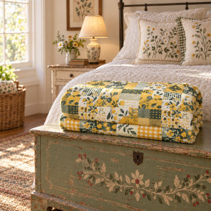 Yellow Quilt Patchwork Gingham Cottagecore Floral Fleece Blanket