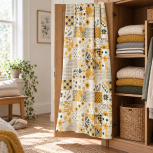 Yellow Quilt Patchwork Gingham Cottagecore Floral Fleece Blanket