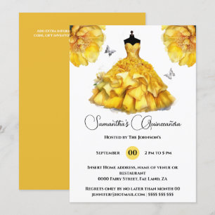 Yellow Quinceañera ballgown peony floral flowers Invitation