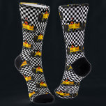 Yellow Race Car - Chequerboard Sports Socks<br><div class="desc">* Race Car with Chequered background. * Sports unisex crew socks for auto racing fans. * Customise to wear to special events or all year 'round. * Available in two style options. * Resize the design pattern and/or add text to one or both socks. * Choose background colour of your...</div>