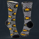 Yellow Race Car - Chequerboard Sports Socks<br><div class="desc">* Race Car with Chequered background. * Sports unisex crew socks for auto racing fans. * Customise to wear to special events or all year 'round. * Available in two style options. * Resize the design pattern and/or add text to one or both socks. * Choose background colour of your...</div>