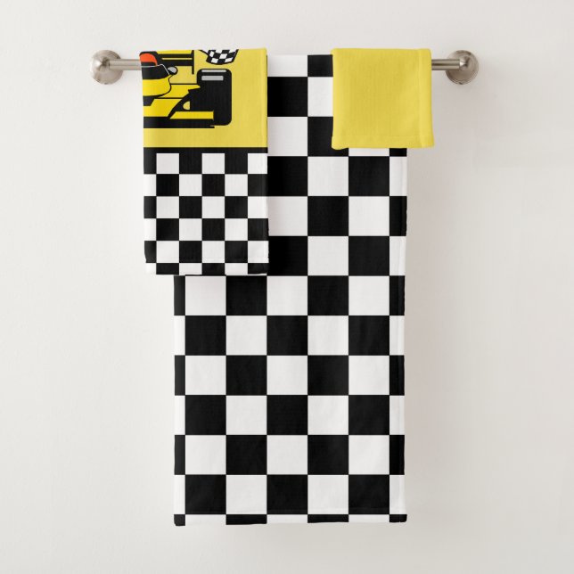 Yellow Race Car: Chequered Flag Bath Towel Set (Insitu)