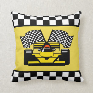 Yellow Race Car: Chequered Flag Cushion