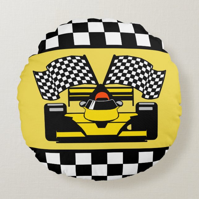 Yellow Race Car: Chequered Flag Round Cushion (Front)