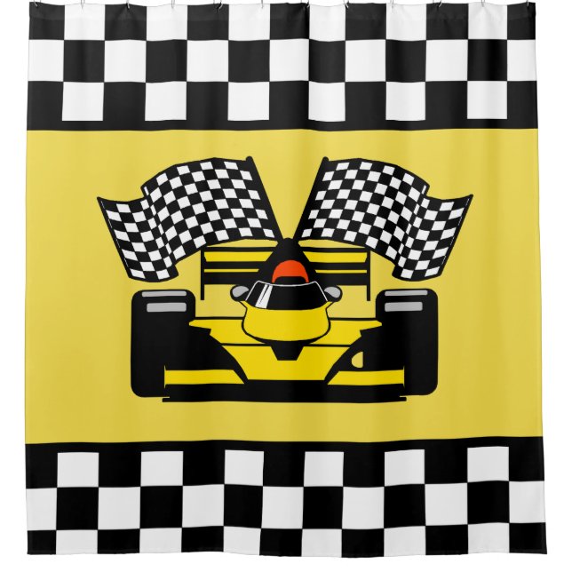 Yellow Race Car: Chequered Flag Shower Curtain (Front)