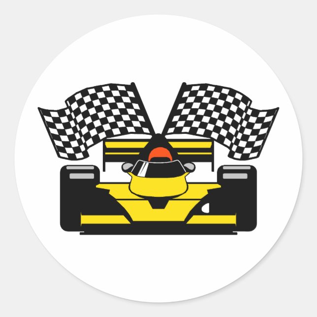 YELLOW RACE CAR CLASSIC ROUND STICKER (Front)