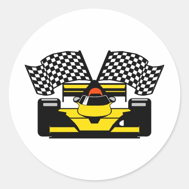 YELLOW RACE CAR CLASSIC ROUND STICKER (Front)