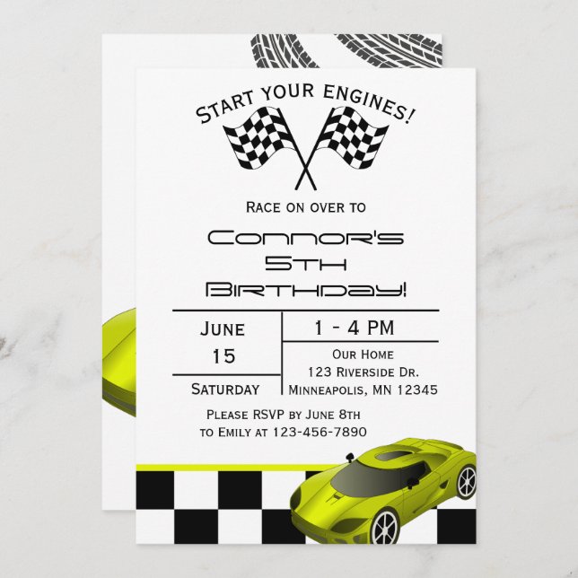 Yellow Race Car | Custom Kids Birthday Invitation (Front/Back)