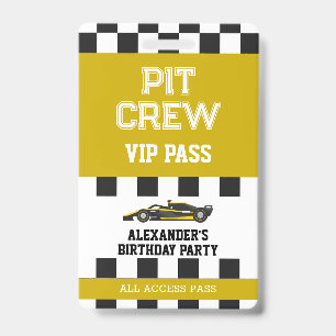 Yellow Race Car Vip Pass Pit Crew Birthday Party ID Badge