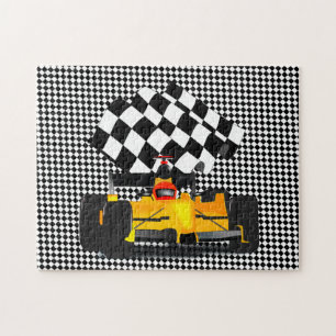 Yellow Race Car with Checkered Flag Jigsaw Puzzle