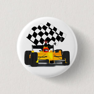 Yellow  Race Car with Chequered Flag 3 Cm Round Badge