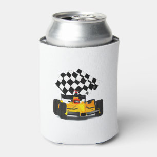 Yellow  Race Car with Chequered Flag Can Cooler