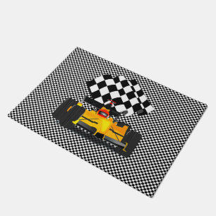 Yellow Race Car with Chequered Flag Doormat