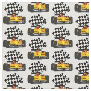 Yellow Race Car with Chequered Flag Fabric