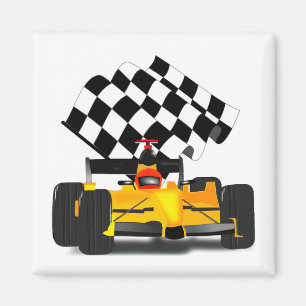 Yellow Race Car with Chequered Flag Magnet