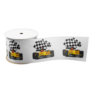 Yellow  Race Car with Chequered Flag Satin Ribbon
