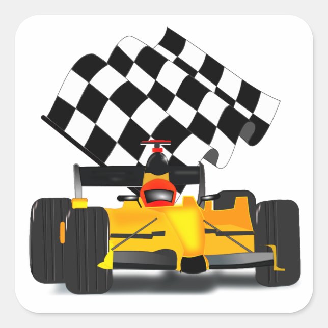 Yellow  Race Car with Chequered Flag Square Sticker (Front)