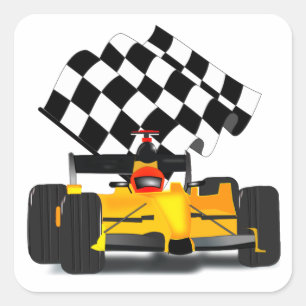 Yellow  Race Car with Chequered Flag Square Sticker