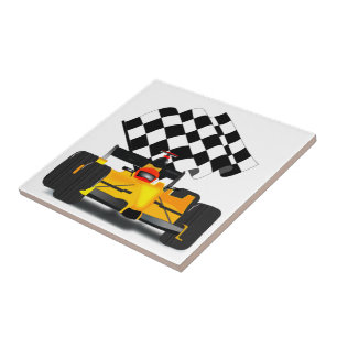 Yellow Race Car with Chequered Flag Tile