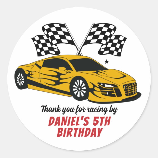 Yellow Racing Car for Kids Boys Birthday Party Classic Round Sticker (Front)