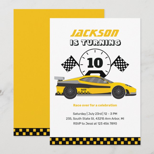 Yellow Racing Car Race Kids Boys Birthday Invitation (Front/Back)