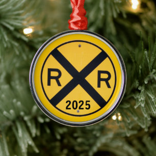 Yellow Railroad Crossing Sign Photograph Metal Ornament