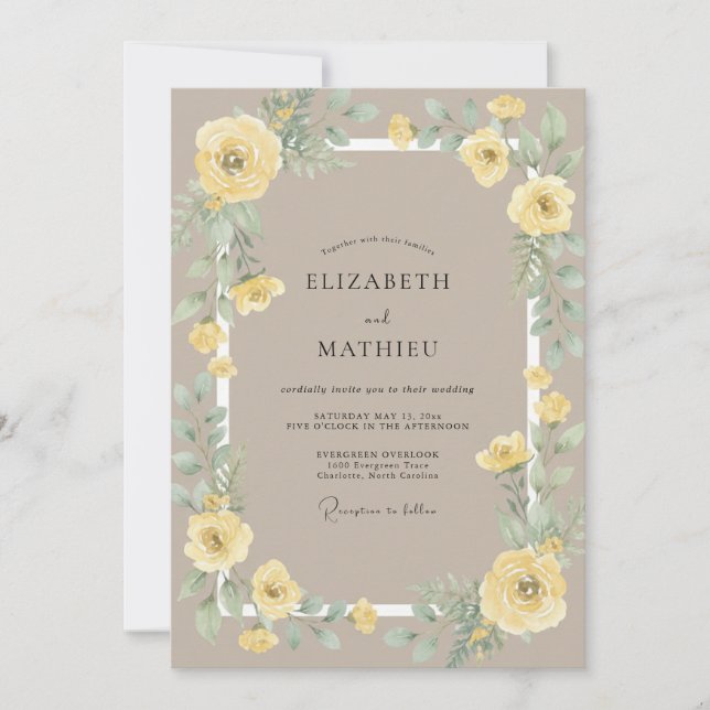 Yellow Ranunculus Sand Eucalyptus Wedding Invitation (Front)
