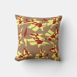 Yellow Red Abstract Floral Modern Art Print on Tan Cushion