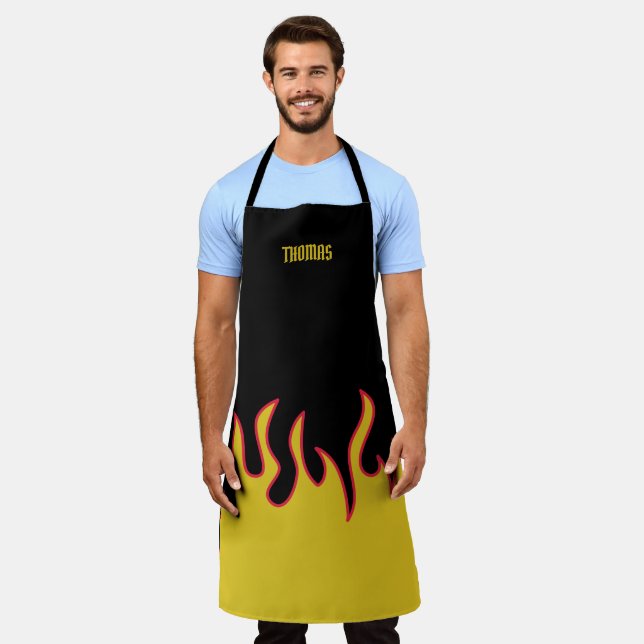 Yellow, Red and Black Flames Personalised Apron (Worn)