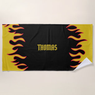 Yellow, Red and Black Flames Personalised Beach Towel