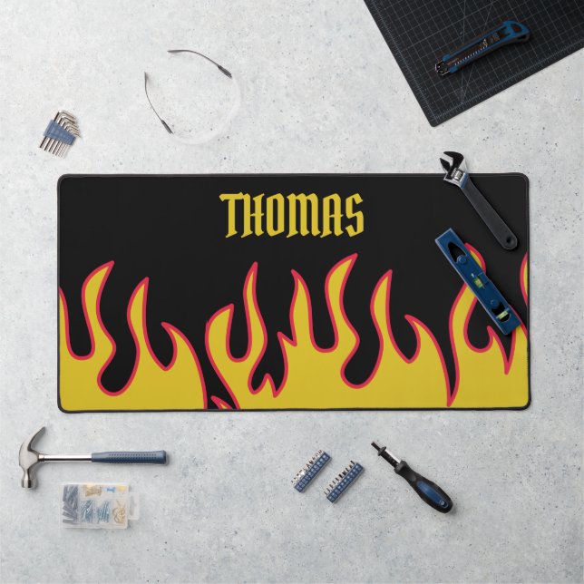 Yellow, Red and Black Flames Personalised Desk Mat (Workstation)
