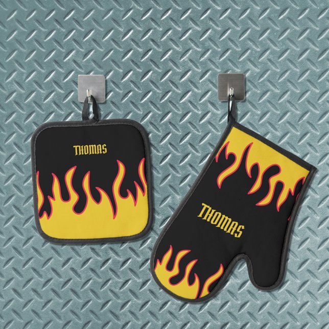 Yellow, Red and Black Flames Personalised Oven Mitt & Pot Holder Set (Creator Uploaded)