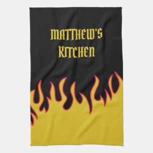 Yellow, Red and Black Flames Personalised Tea Towel