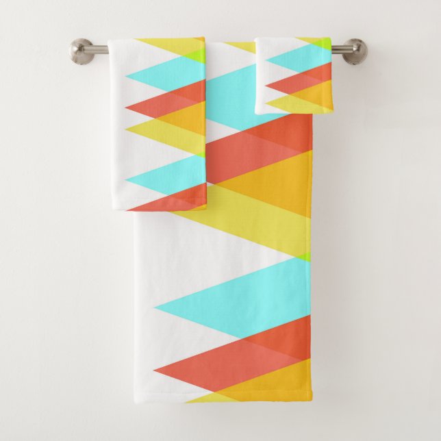 Yellow, red and cadet blue triangles bath towel set (Insitu)
