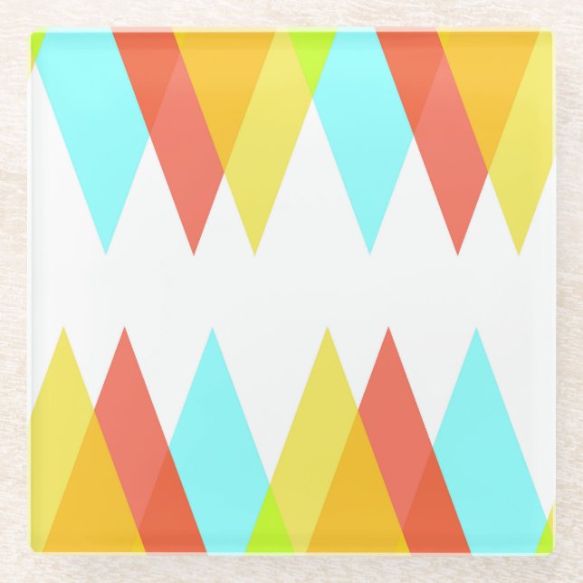 Yellow, red and cadet blue triangles glass coaster (Front)