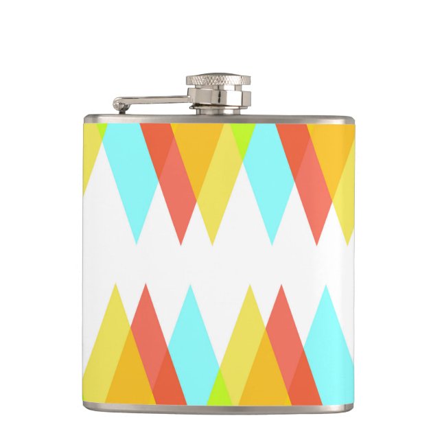 Yellow, red and cadet blue triangles hip flask (Front)